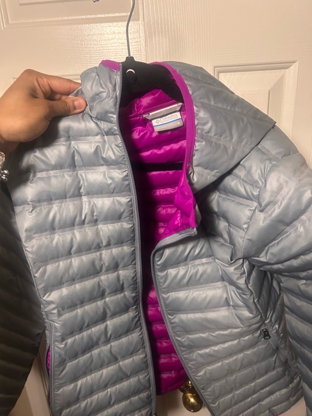 Columbia Light Gray Puffer Jacket with Bright Pink Lining
